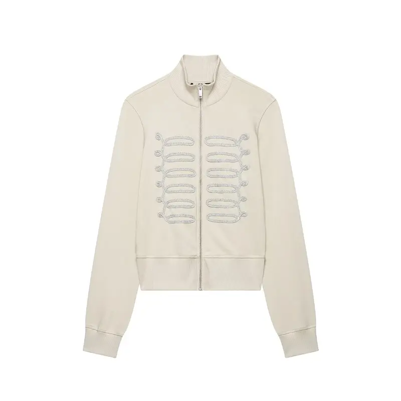 Damen Kurzgeschnittene Sweatjacke mit Stehkragen und militärisch inspirierten Zierkordeln Drune