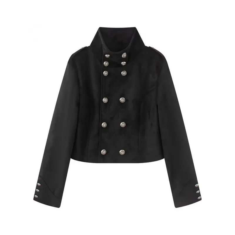Damen Kurzgeschnittene Taillierte Militärblousonjacke mit hohem Stehkragen, doppelreihigen Metallknöpfen und Schulterriegeln Drune