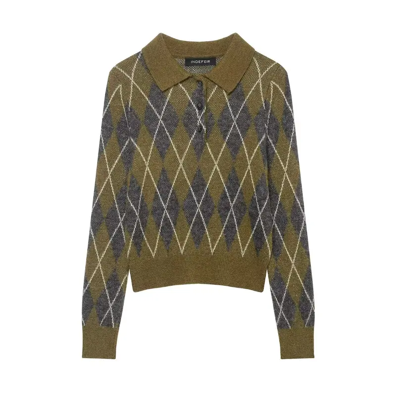 Damen Kurzgeschnittener Argyle‑Polo‑Pullover aus feinem Strukturstrick Drune