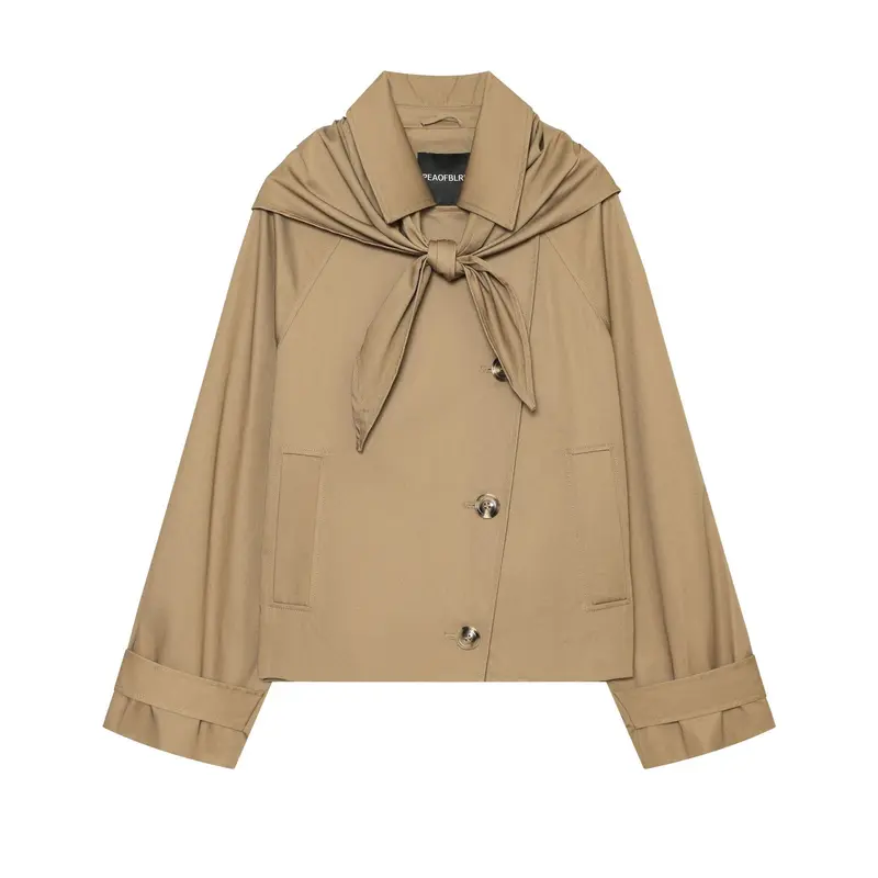 Damen Kurzgeschnittener Cape‑Trench mit integriertem Bindeschal und überschnittener Schulterpartie Drune
