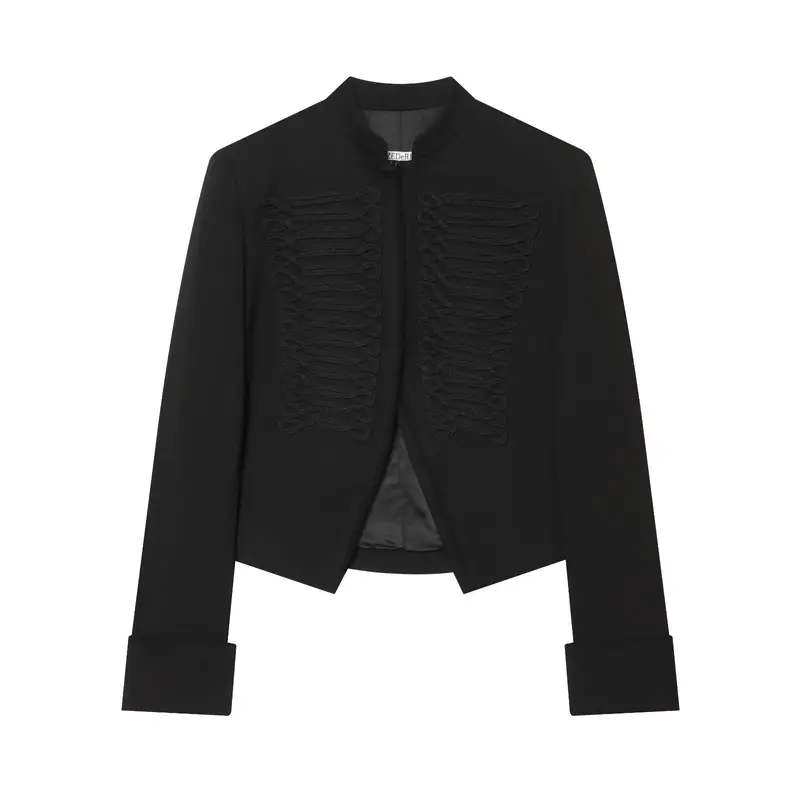 Damen Kurzgeschnittener Militärblazer mit ornamentalem Kordelbesatz und Stehkragen Drune