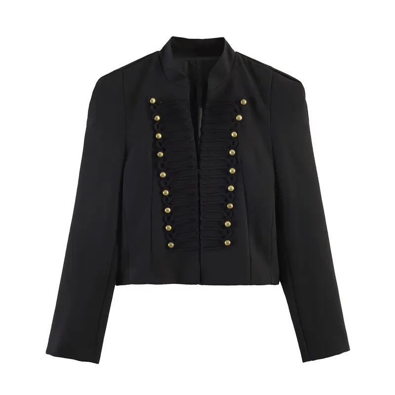 Damen Kurzgeschnittener militärinspirierter Blazer mit Stehkragen und Zierkordel-Front Drune
