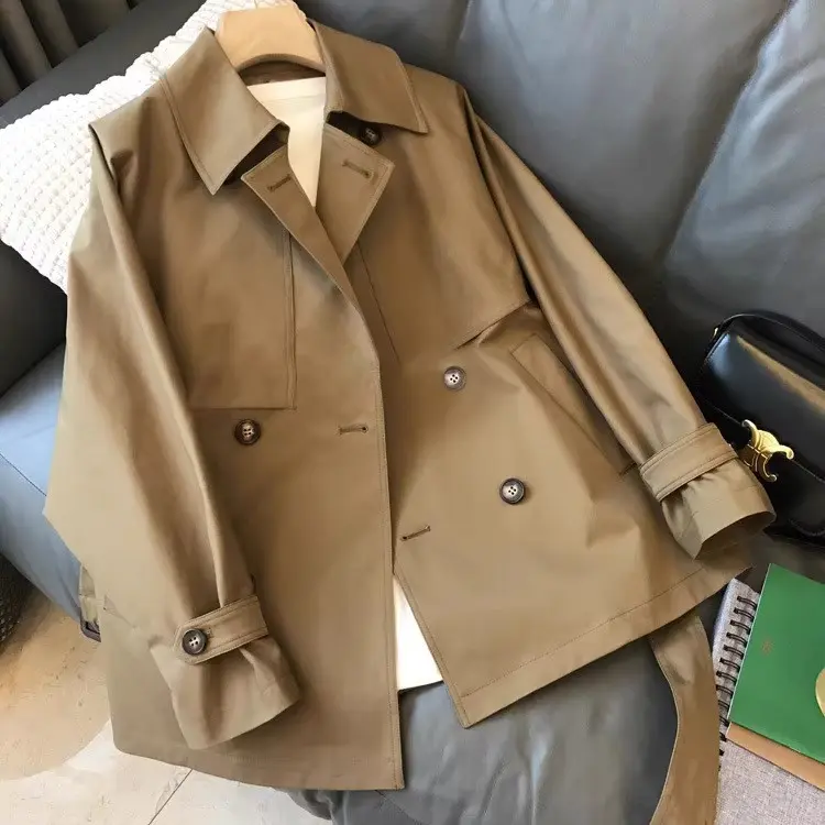 Damen Kurzgeschnittener Trenchcoat mit doppelreihiger Knopfleiste, Sturmklappe und Taillengürtel Drune