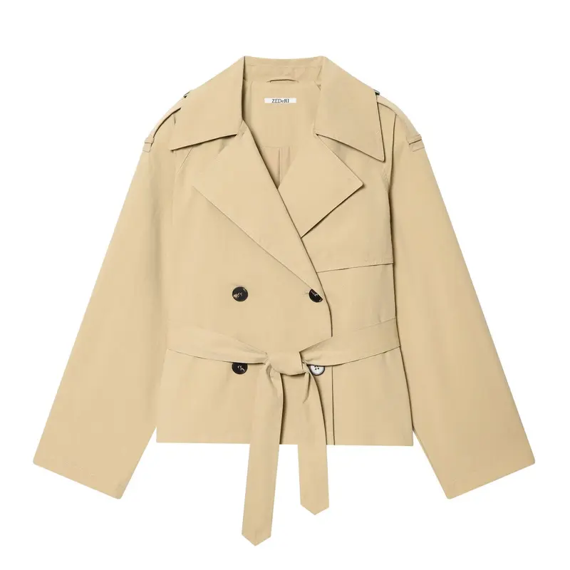 Damen kurzgeschnittener Trenchcoat mit Taillengürtel und Doppelreiher Drune