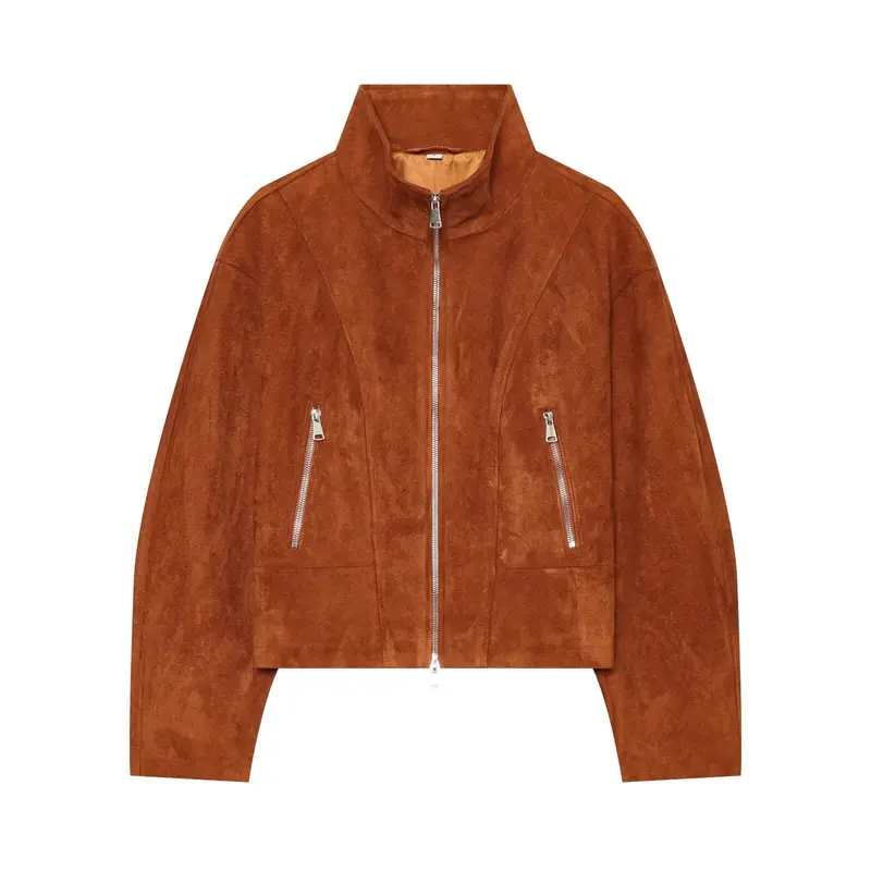 Damen Kurzgeschnittener Wildleder-Blouson mit Stehkragen und Reißverschluss Drune