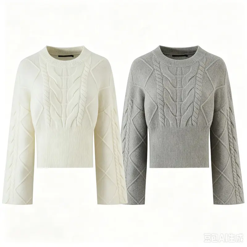 Damen Kurzgeschnittener Zopfstrick-Pullover mit weitem Ärmel und geripptem Saum Drune