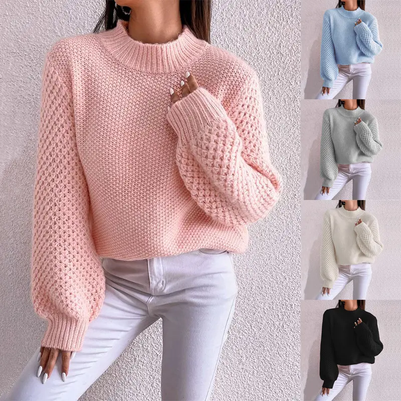 Damen Kurzgeschnitteter Grobstrick-Pullover mit Voluminösen Netzstruktur-Ärmeln und Stehkragen Drune