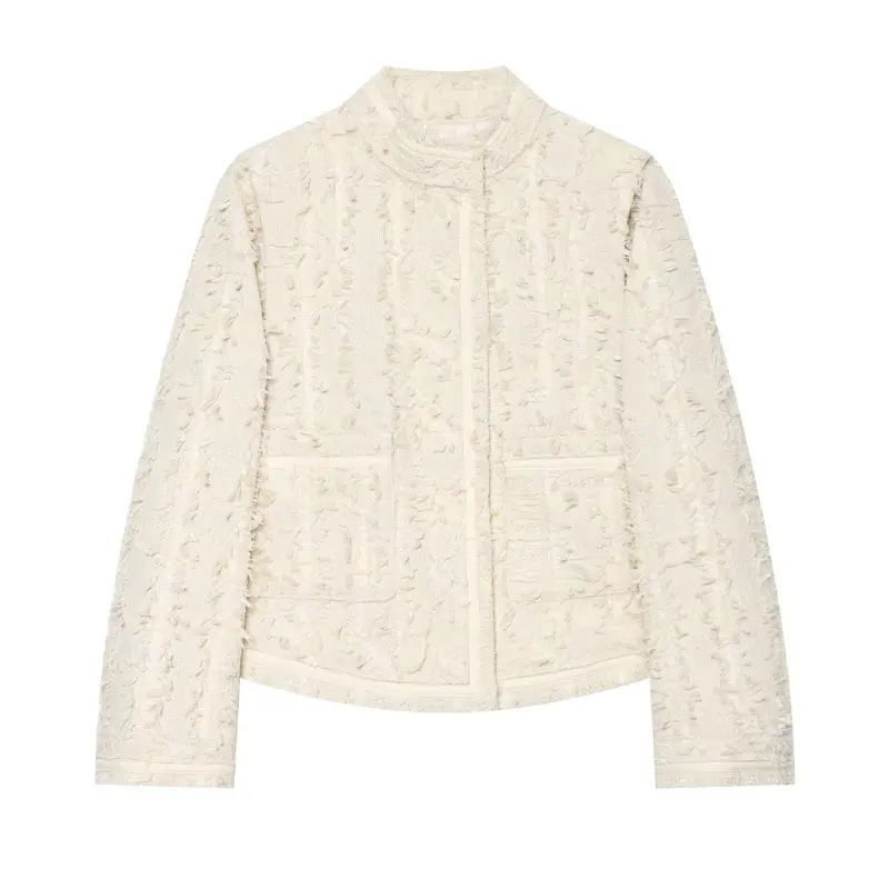 Damen Kurzjacke aus Bouclé-Tweed mit Fransendetails und Stehkragen Drune