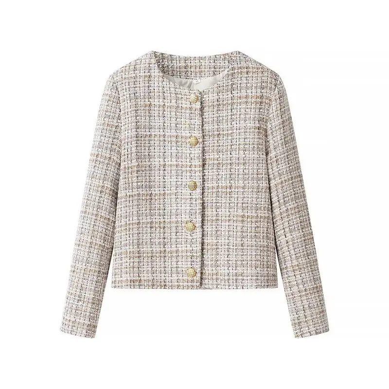 Damen Kurzjacke aus Bouclé‑Tweed mit rundem Ausschnitt und dekorativen Goldknöpfen Drune