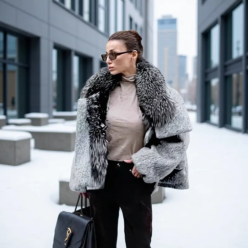 Damen Kurzjacke aus Kunstfell im Oversize‑Cut mit voluminösem Webpelzkragen Drune