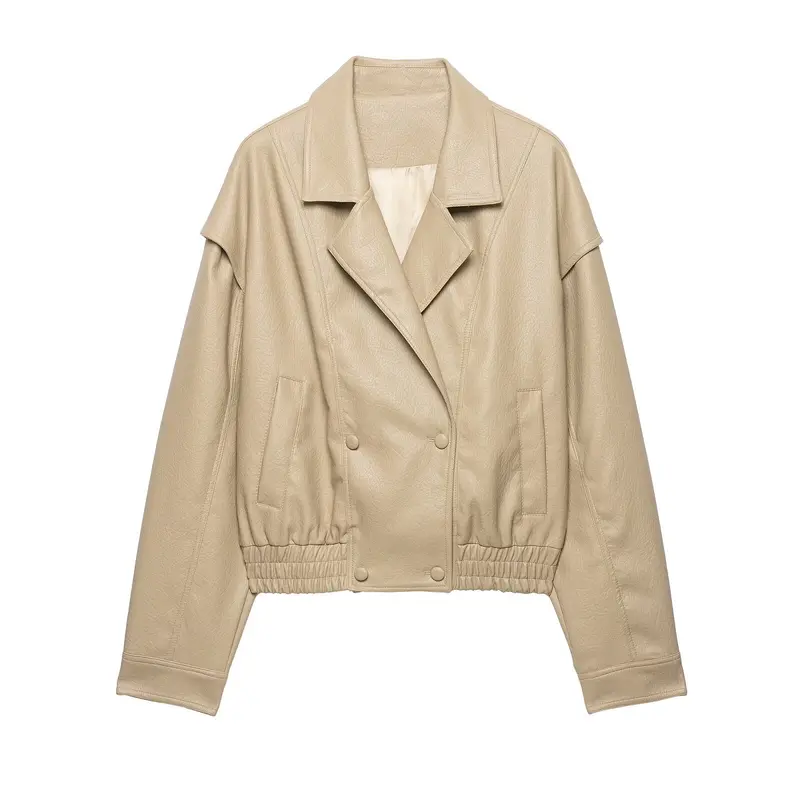 Damen Kurzjacke aus Kunstleder mit breitem Revers und gerafftem Saum Drune