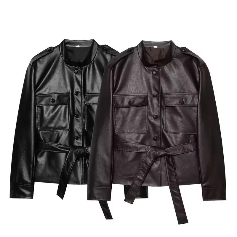 Damen Kurzjacke aus Kunstleder mit Taillengürtel, Pattentaschen und Stehkragen Drune