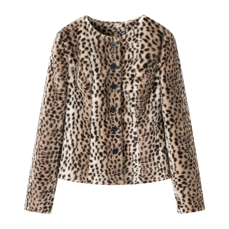 Damen Kurzjacke aus Kunstpelz mit Leopardenmuster und Rundhalsausschnitt Drune