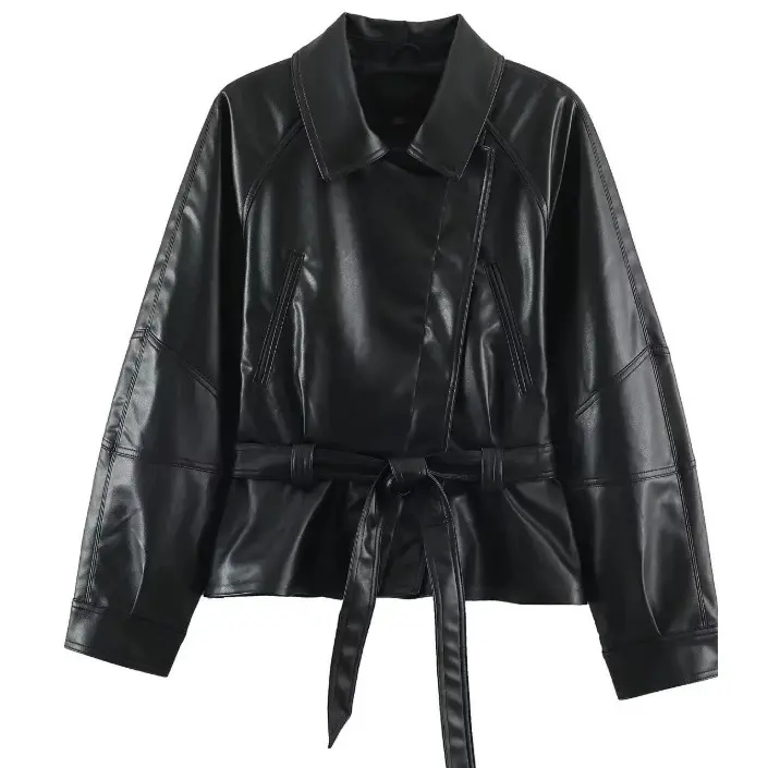 Damen Kurzjacke aus veganem Leder mit Taillengürtel und überschnittenen Schultern Drune