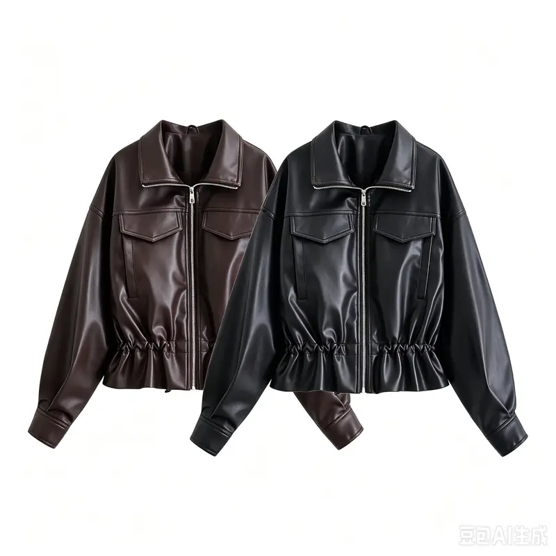Damen Kurzjacke aus veganem Leder mit Tunnelzug und aufgesetzten Brusttaschen Drune