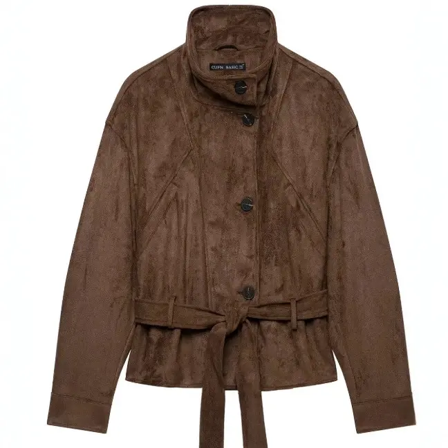 Damen Kurzjacke aus Veloursimitat mit Stehkragen und Taillengürtel Drune
