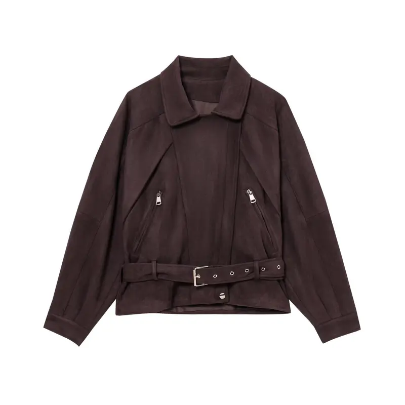 Damen Kurzjacke aus Veloursimitat mit Taillengürtel, kastigem Schnitt und Reißverschlusstaschen Drune
