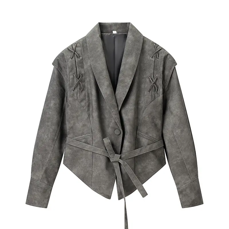 Damen Kurzjacke aus Veloursoptik mit Wickelgürtel und Schnürdetail Drune