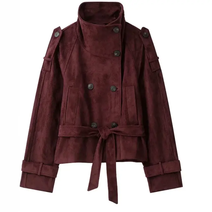 Damen Kurzjacke aus Wildlederimitat mit hohem Stehkragen und Bindegürtel Drune