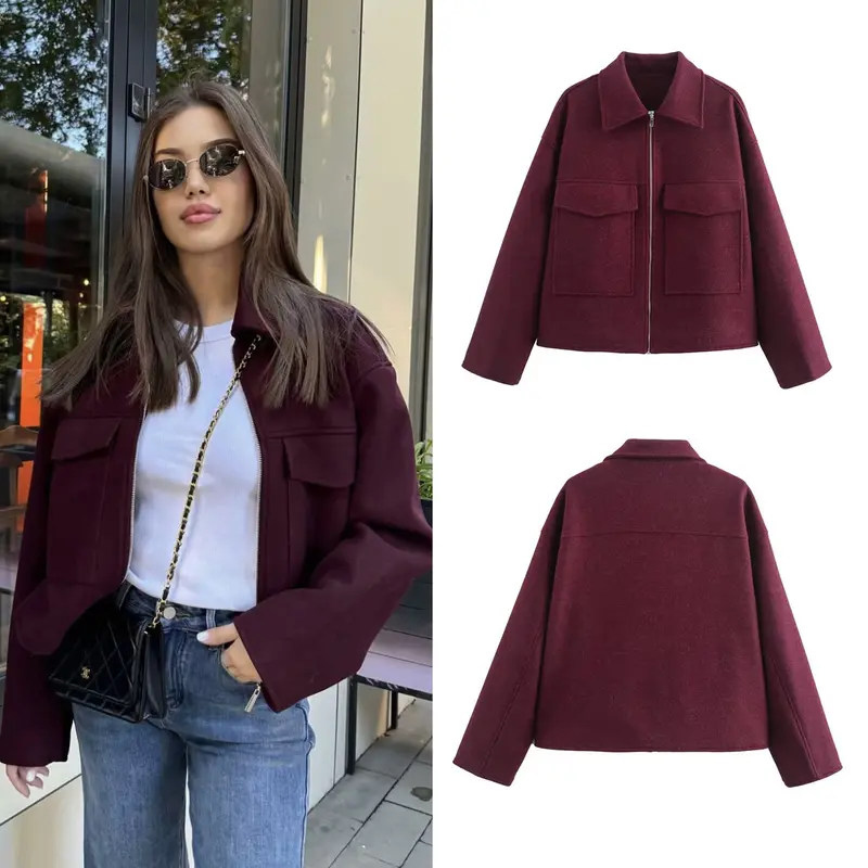 Damen Kurzjacke aus Wollmix mit großen Pattentaschen und durchgehendem Reißverschluss Drune