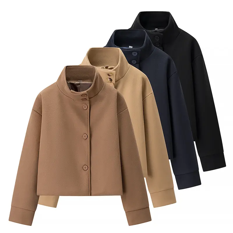 Damen Kurzjacke Boxy Wollmix mit Stehkragen, Oversize-Ärmeln und Knopfleiste Drune