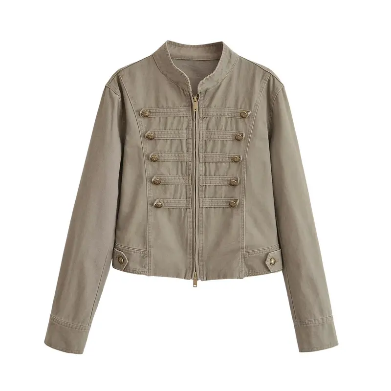 Damen Kurzjacke im Army‑Look aus Baumwoll‑Twill mit Stehkragen und dekorativen Zierriegeln Drune