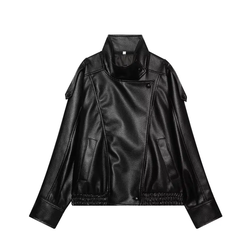 Damen Kurzjacke im asymmetrischen Biker‑Trenchstil aus veganer Lederoptik mit hohem Stehkragen Drune
