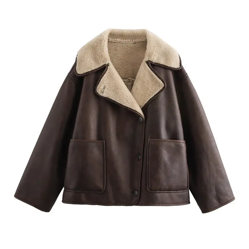 Damen Kurzjacke im Aviator‑Look aus Lederoptik mit Teddyfutter und aufgesetzten Taschen Drune
