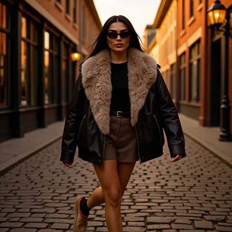 Damen Kurzjacke im Aviatorstil aus Lederoptik mit extragroßem Kunstfellkragen und metallischem Reißverschluss Drune