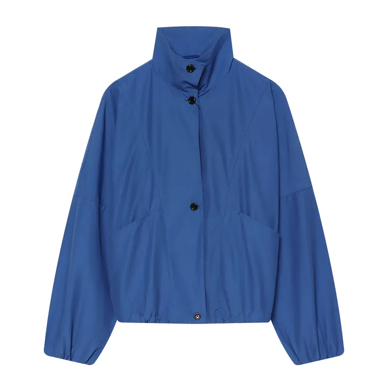 Damen Kurzjacke im Blousonstil mit hohem Stehkragen, Tunnelzugbund und Ballonärmeln Drune