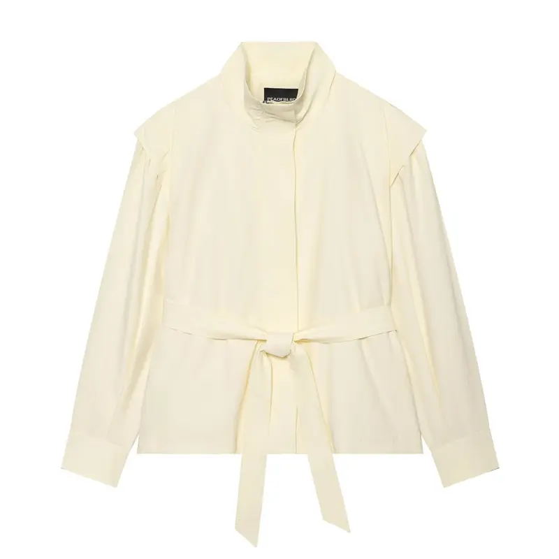 Damen Kurzjacke im Blousonstil mit Stehkragen, Bindegürtel und Cape‑Schulter Drune