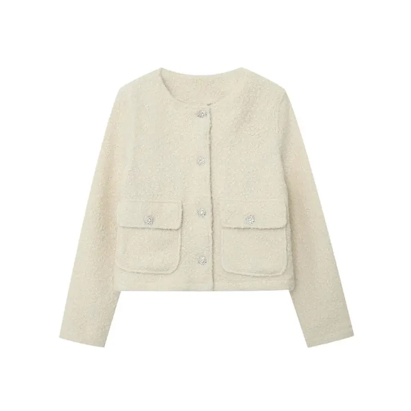 Damen Kurzjacke im Bouclé‑Tweed‑Look mit Rundhalsausschnitt und Kristall‑Zierknöpfen Drune