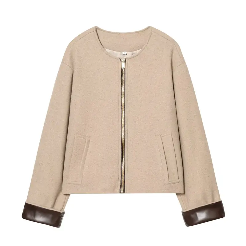 Damen Kurzjacke im Boxy‑Cropped‑Wollmix mit sichtbarem Metallreißverschluss und Kontrastmanschetten Drune