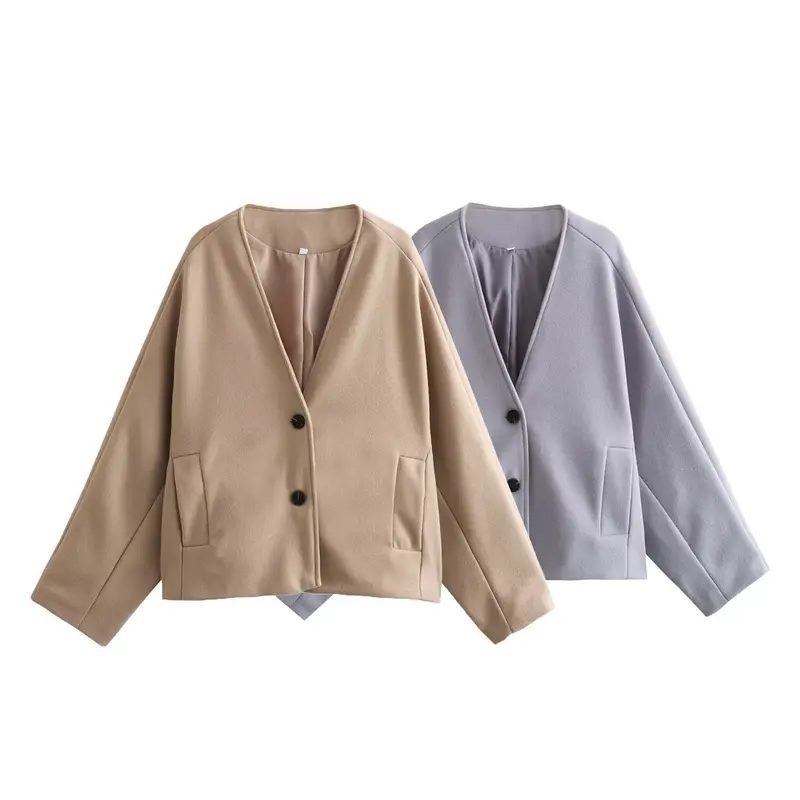 Damen Kurzjacke im Boxy‑Cut mit V‑Ausschnitt und Wollmix Drune