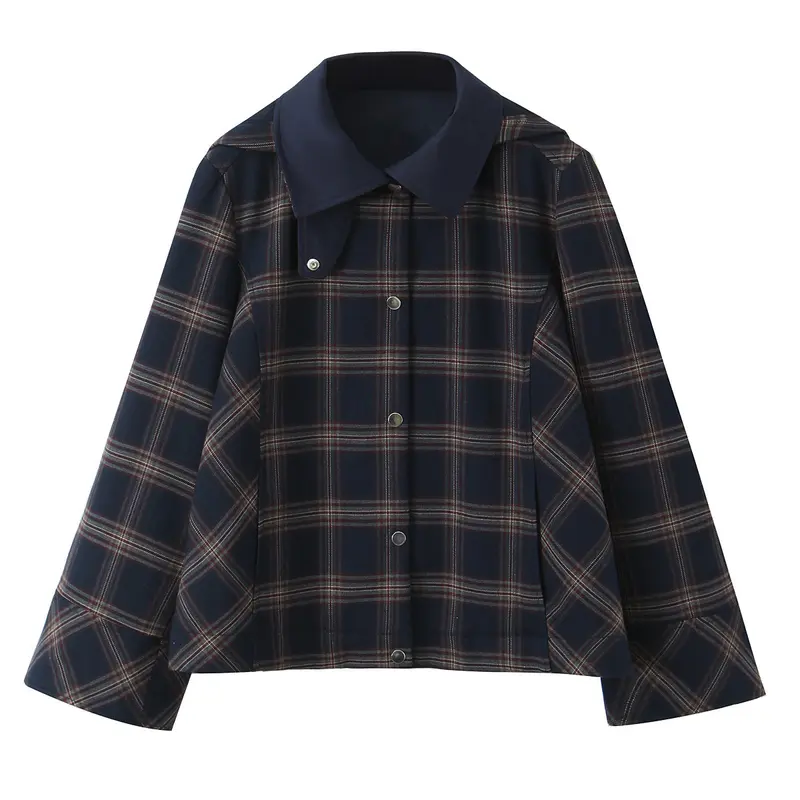 Damen Kurzjacke im Boxy‑Schnitt mit großem Hemdkragen und Karomuster Drune