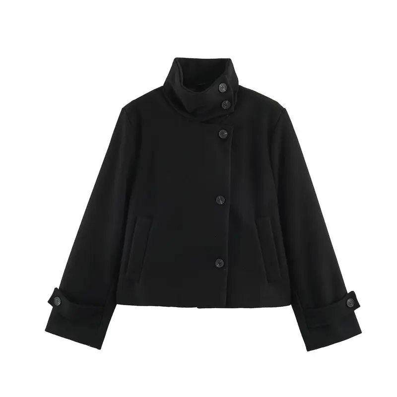 Damen Kurzjacke im Boxy‑Schnitt mit hochschließendem Schlauchkragen und asymmetrischer Knopfleiste Drune
