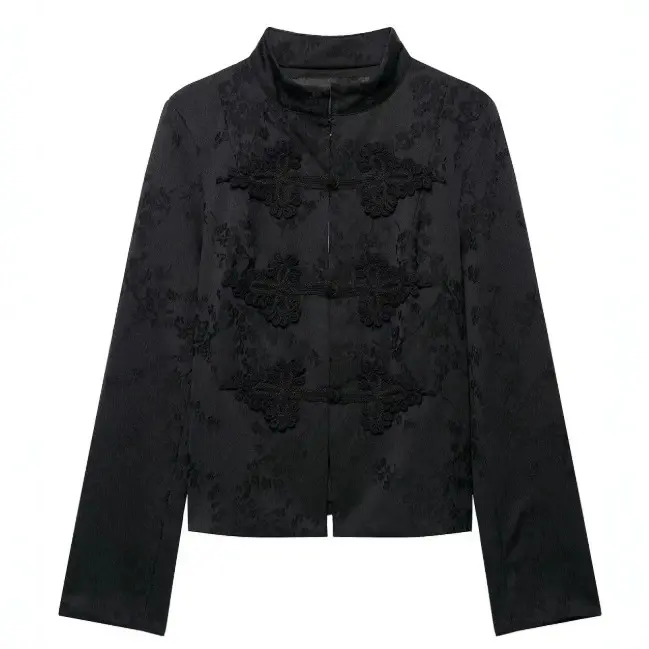 Damen Kurzjacke im Brokat-Look mit Stehkragen und Zierfroschverschlüssen Drune