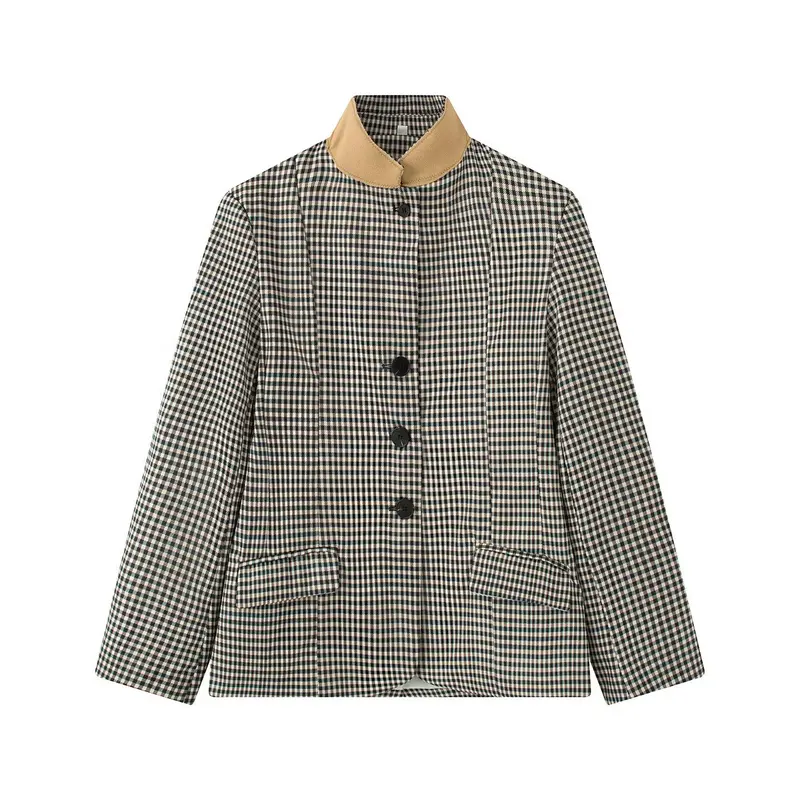 Damen Kurzjacke im Glencheck mit kontrastierendem Stehkragen und geradem Schnitt Drune