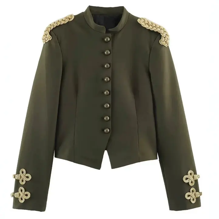 Damen Kurzjacke im Militärlook mit Stehkragen, goldenen Epauletten und dekorativen Zierknöpfen Drune