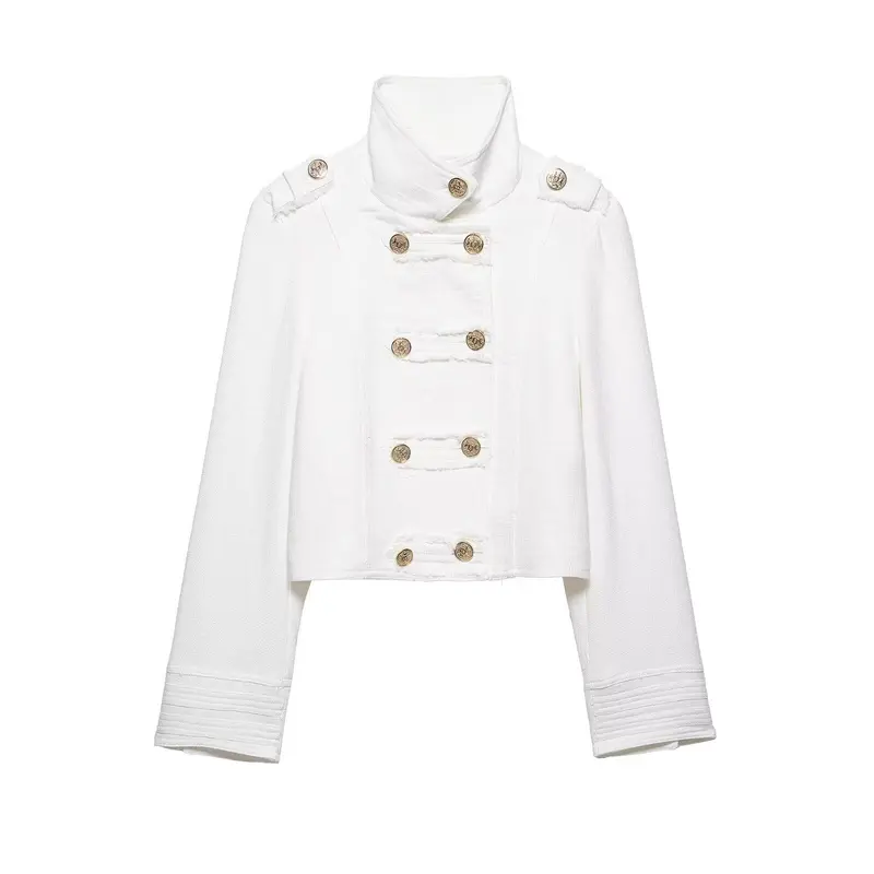 Damen Kurzjacke im Military‑Stil aus Bouclé mit Stehkragen und Zierknopfleiste Drune