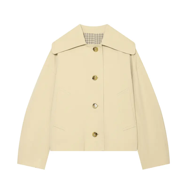 Damen Kurzjacke im modernen Trench‑Look mit übergroßem Kentkragen, kastiger Silhouette und aufgesetzten Taschen Drune