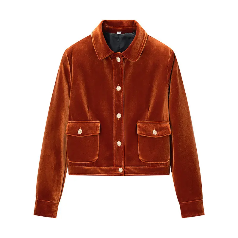 Damen Kurzjacke im Samt‑Look mit Hemdkragen, aufgesetzten Pattentaschen und goldfarbenen Zierknöpfen Drune