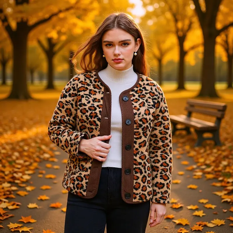 Damen Kurzjacke im Teddy‑Look mit Leopardenmuster und Knopfverschluss Drune