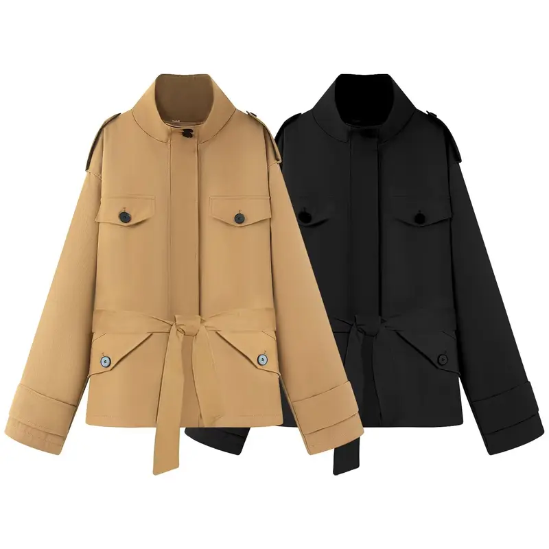 Damen Kurzjacke im Utility‑Stil mit Taillengürtel und Schulterklappen Drune