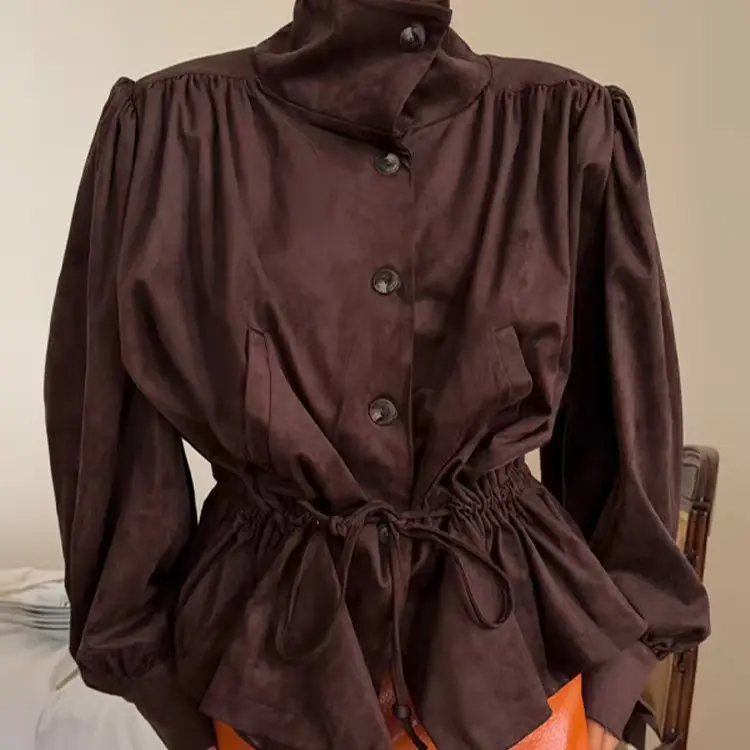 Damen Kurzjacke im Velours‑Suede‑Look mit Stehkragen, Tunnelzug und Ballonärmeln Drune