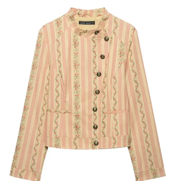 Damen Kurzjacke im Vintage-Streifen- und Blumenmuster mit Stehkragen und dekorativer Knopfleiste Drune