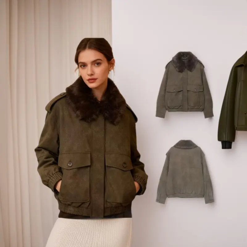 Damen Kurzjacke in Velourslederoptik mit abnehmbarem Fellkragen und Pattentaschen Drune