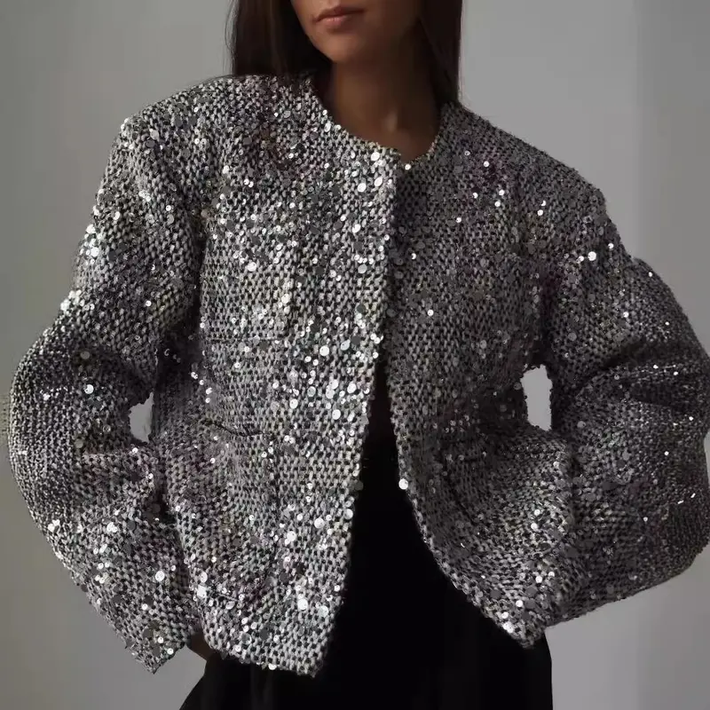 Damen Kurzjacke mit Paillettenbesatz und Bouclé-Struktur Drune