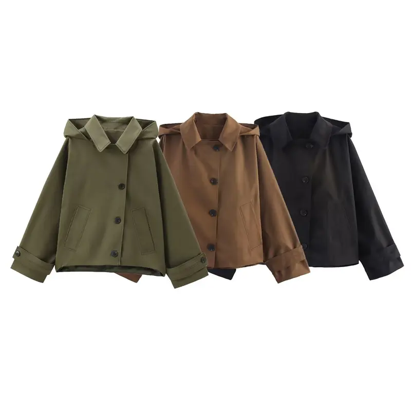 Damen Kurzjacke mit übergroßer Kapuze, kastiger Silhouette und Umschlagmanschetten Drune