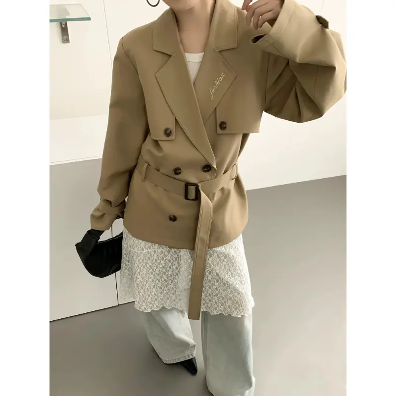 Damen Kurztrenchjacke mit taillierendem Bindegürtel und voluminösen Ballonärmeln Drune